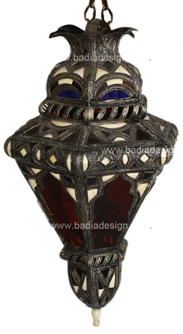 Metal and Bone Lantern with Multi Color Glass - LG050