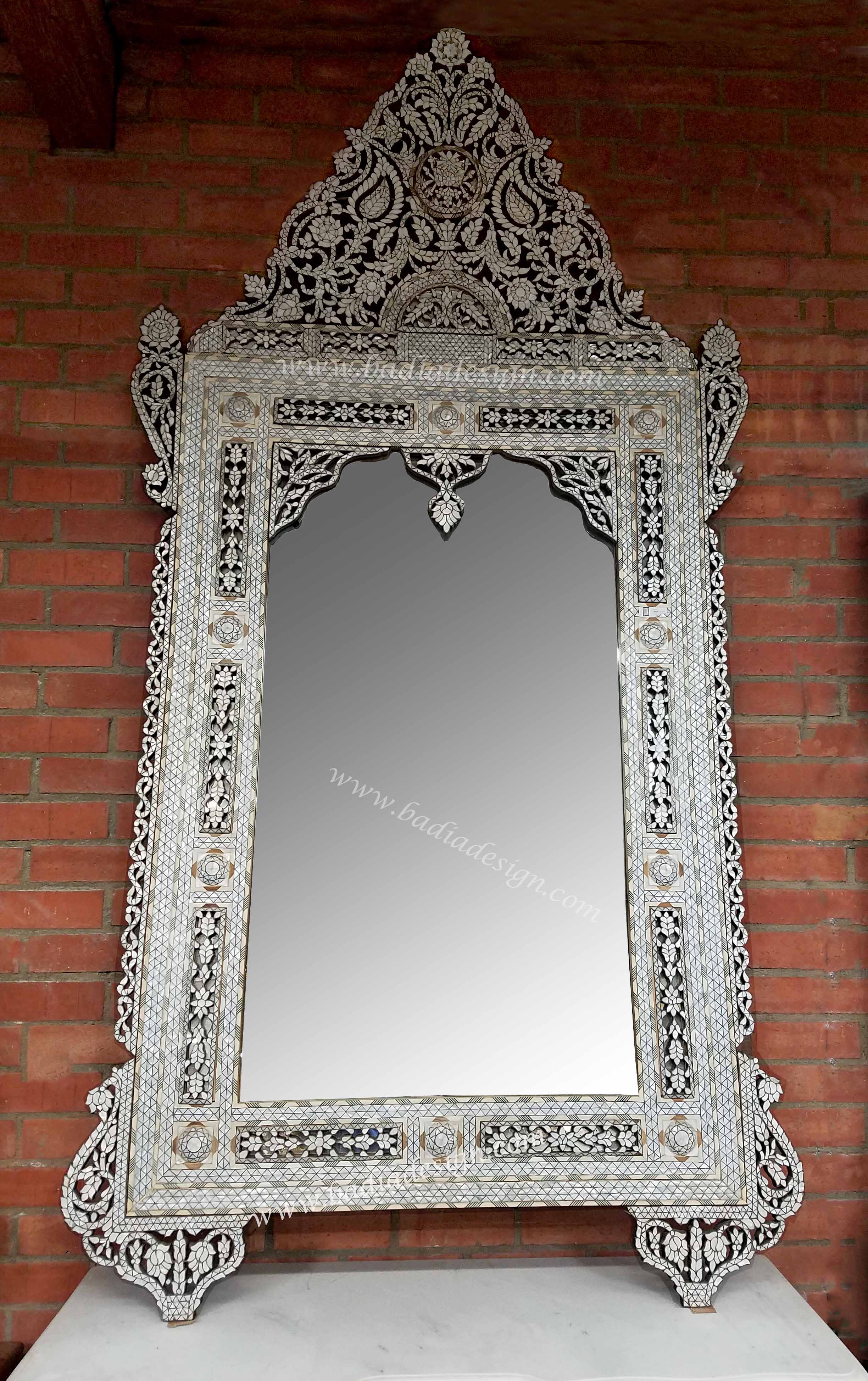 Tall White Moroccan Mother of Pearl Mirror