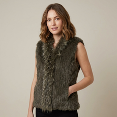 Short Khaki Rabbit and Fox Fur Gilet  FF46A-11