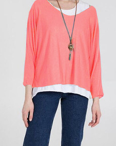 Double Layer Jersey Top with Necklace in Coral
