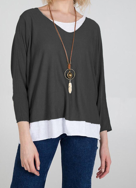 Double Layer Jersey Top with Necklace in charcoal