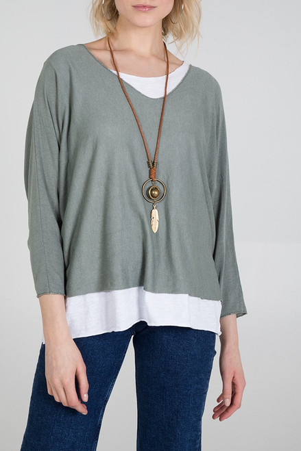 Double Layer Jersey Top with Necklace in Khaki