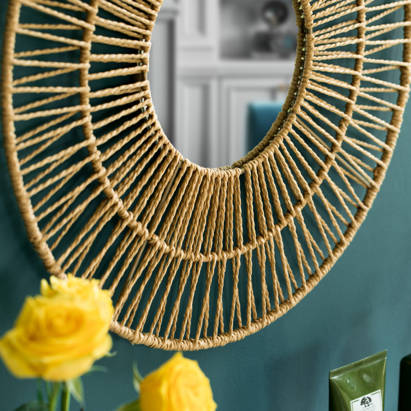 Decorative Woven Paper Rope Round Shape Bamboo Wood Modern Hanging Wall  Mirror - Wickerwise