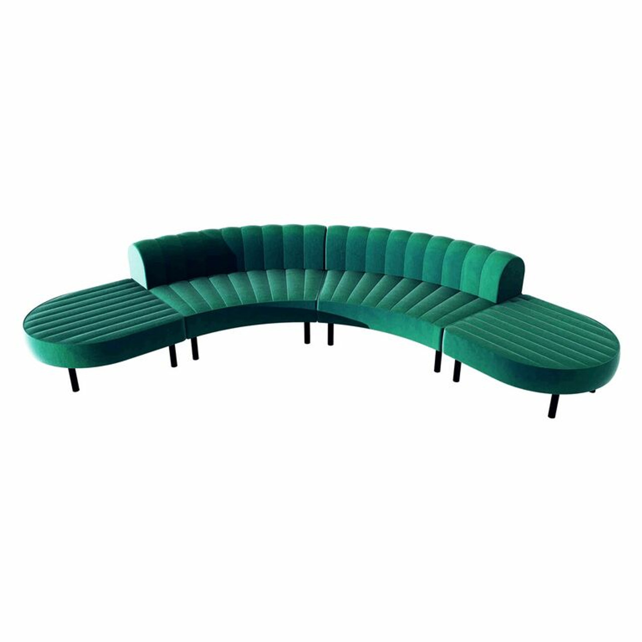 Endless Low Back Comma Sectional - Emerald Velvet Channel Stitch, Black Frame, 2 Curve Chairs and 2 Half Round Ottomans