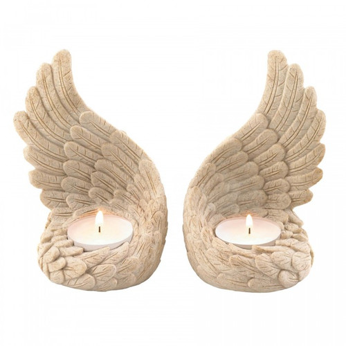 Stone-Look Angel Wings Tealight Candle Holder Set