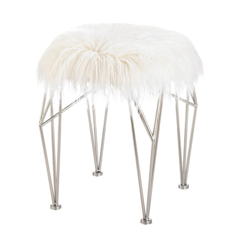 Silver Geometric Vanity Stool with White Faux Fur