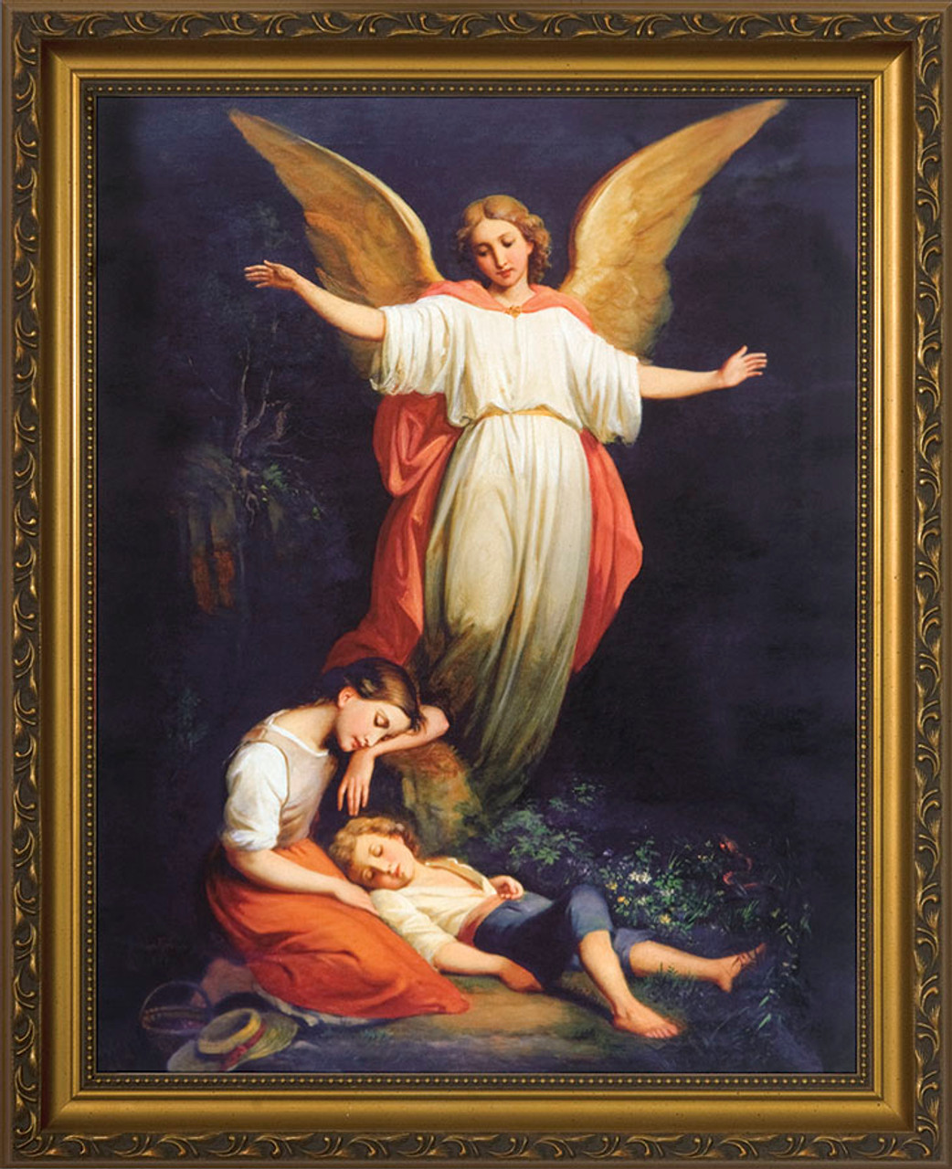 Guardian Angel With Children Resting Standard Gold Framed Art