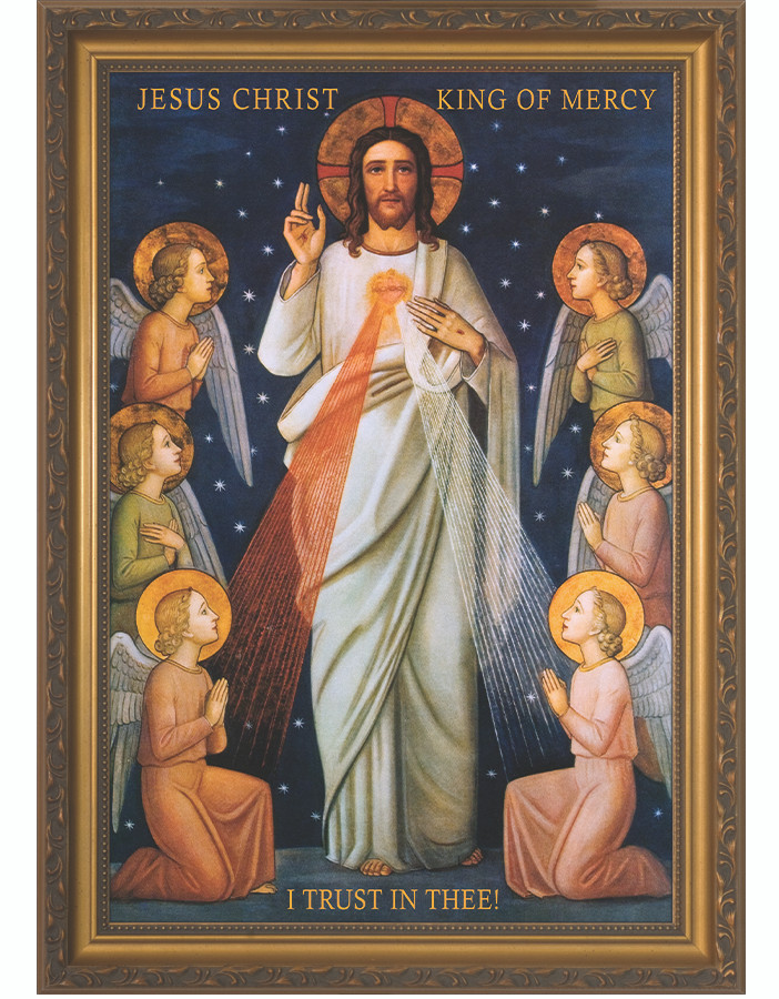 King of Divine Mercy Framed Art — a fine art print in a solid wood frame with gold finish, handcrafted in Steubenville