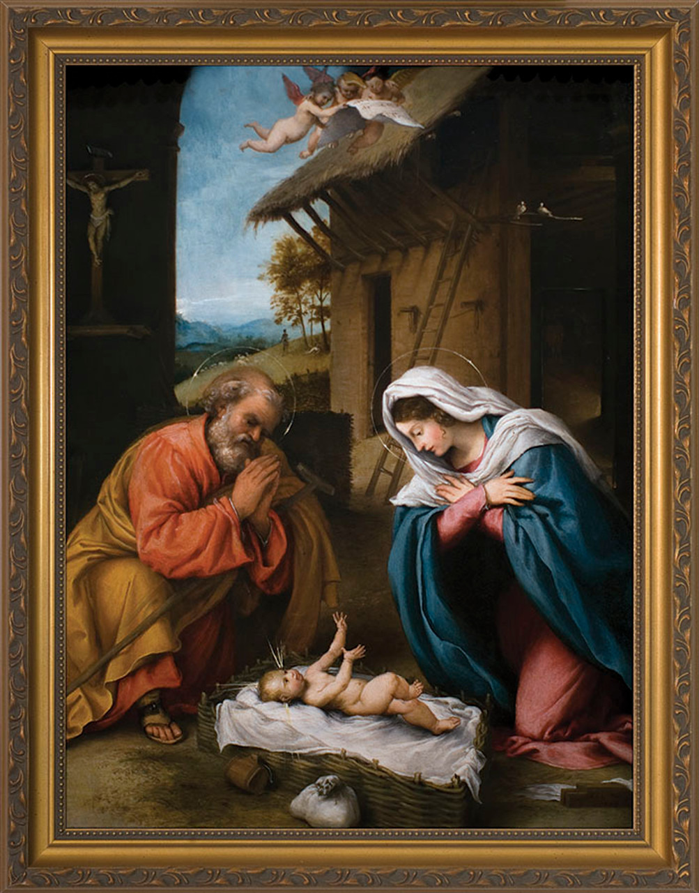Nativity With Reaching Jesus Standard Gold Framed Art Catholic