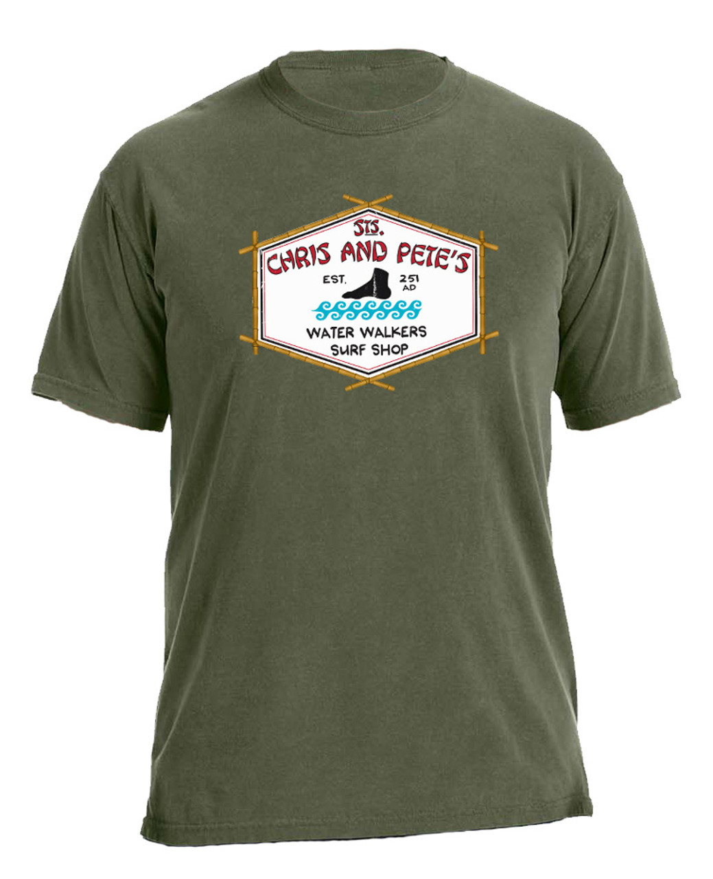 Sts. Chris and Pete's Surf Shop Hemp Green T-Shirt - Catholic to