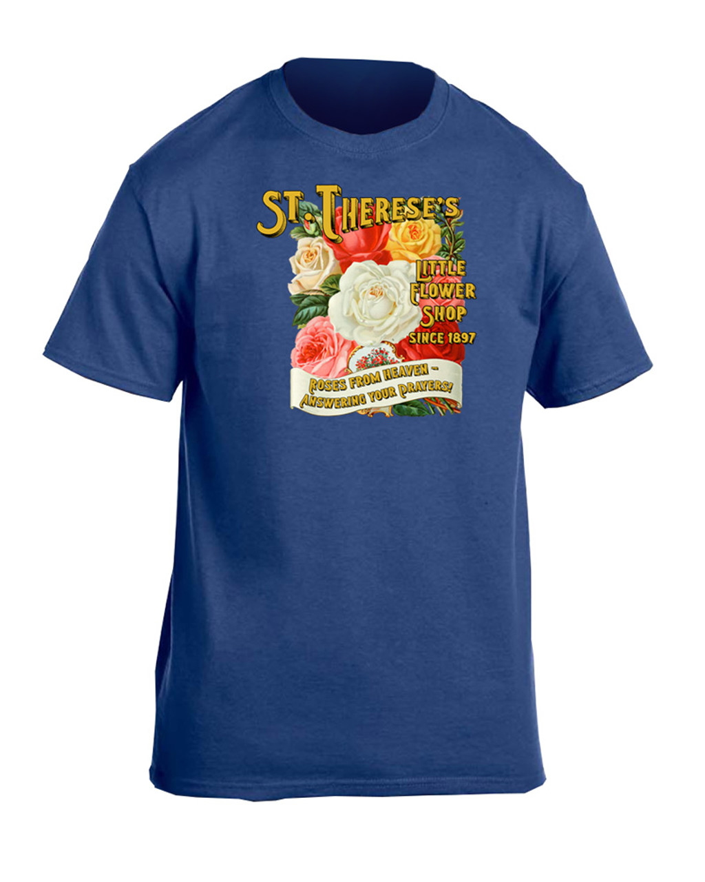 St Therese Little Flower Shop Heather Blue T Shirt Catholic To