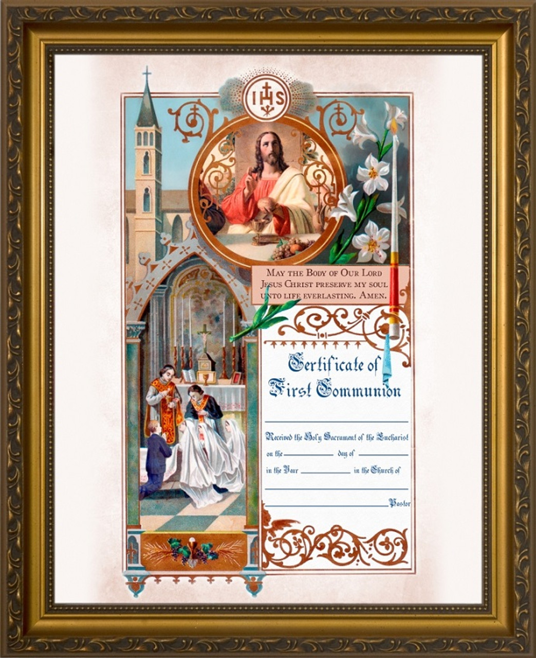 Traditional First Communion Sacrament Certificate with Priests in Gold Frame - Catholic to the Max - Online Catholic Store traditional-first-communion-sacrament-certificate-with-priests-in-gold-frame-catholic-to-the-max-online-catholic-store