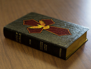 Personalized Catholic Bible with Holy Spirit Cross Cover - Black Genuine Leather NABRE Personalized Catholic Bible with Holy Spirit Cross Cover - Black Genuine Leather NABRE