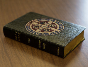 Personalized Catholic Bible with Benedictine Medal Cover - Black Genuine Leather NABRE Personalized Catholic Bible with Benedictine Medal Cover - Black Genuine Leather NABRE