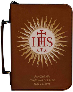 Personalized Bible Cover with Jesuit IHS Graphic - Tawny Personalized Bible Cover with Jesuit IHS Graphic - Tawny