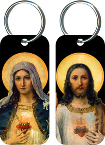Antique Sacred & Immaculate Hearts Rectangle Keychain