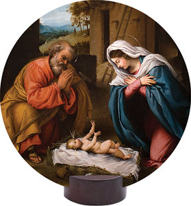 Nativity with Reaching Jesus Round Desk Plaque Nativity with Reaching Jesus Round Desk Plaque