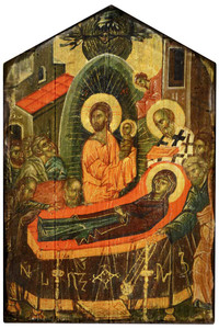 The Dormition of Mary Rustic Wood Icon Plaque The Dormition of Mary Rustic Wood Icon Plaque