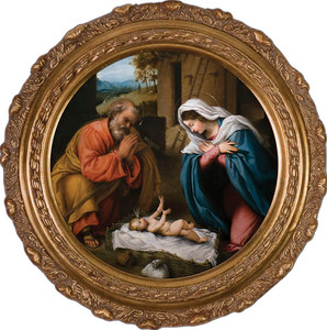 Nativity with Reaching Jesus - Round Framed Canvas Nativity with Reaching Jesus - Round Framed Canvas