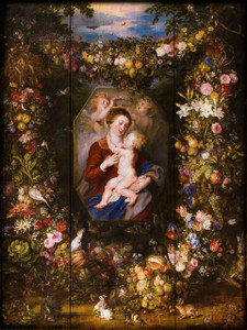 Virgin and Child Surrounded by Flowers and Fruit Rustic Wood Plaque Virgin and Child Surrounded by Flowers and Fruit Rustic Wood Plaque