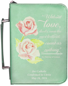 Personalized Bible Cover with St. Therese Rose Graphic - Aqua Personalized Bible Cover with St. Therese Rose Graphic - Aqua
