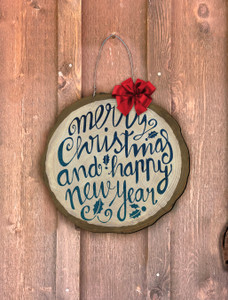 Blue "Merry Christmas and Happy New Year" Log End Door Hanger