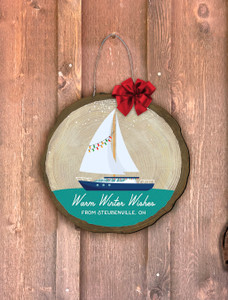 "Warm Winter Wishes (Steubenville)" Sailboat Log End Door Hanger