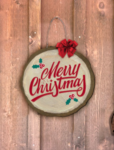 "Merry Christmas" Holly Log End Door Hanger "Merry Christmas" Holly Log End Door Hanger