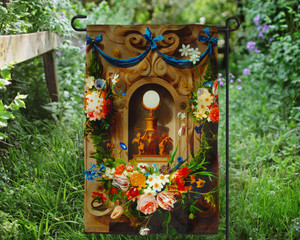 Eucharist Wreathed with Flowers Outdoor Garden Flag Eucharist Wreathed with Flowers Outdoor Garden Flag
