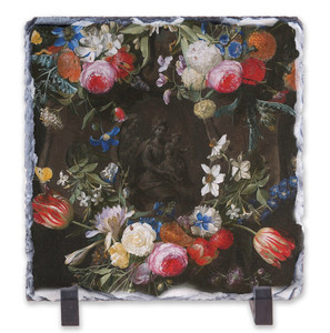 Flower Garland with Holy Family Square Slate Tile Flower Garland with Holy Family Square Slate Tile