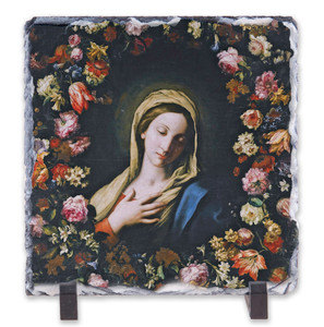 Flower Garland Surrounding the Virgin Square Slate Tile Flower Garland Surrounding the Virgin Square Slate Tile