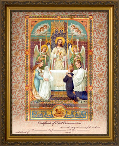 Traditional First Communion Sacrament Certificate with Angels in Gold Frame Traditional First Communion Sacrament Certificate with Angels in Gold Frame