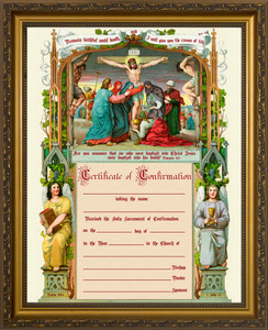 Traditional Confirmation Sacrament Certificate with Crucifixion in Gold Frame Traditional Confirmation Sacrament Certificate with Crucifixion in Gold Frame