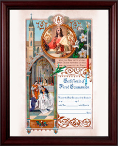 Traditional First Communion Sacrament Certificate with Priests in Cherry Frame Traditional First Communion Sacrament Certificate with Priests in Cherry Frame