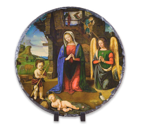 Nativity with Kneeling Angel Round Slate Tile