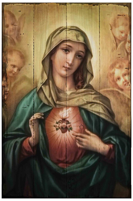 Immaculate Heart of Mary Rustic Wood Plaque