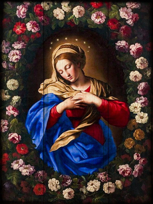 Our Lady in a Garland of Roses Rustic Wood Plaque