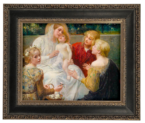 LIMITED EDITION Madonna with Jesus Surrounded by Children - Black and Antique Metallic Framed Canvas