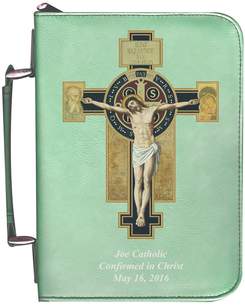 Personalized Bible Cover with Benedictine Cross Graphic - Aqua