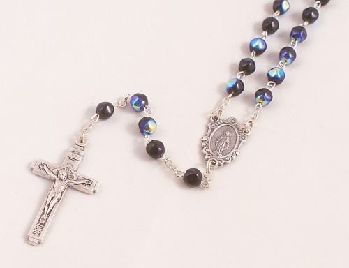 Amethyst 6mm Black Glass Bead Rosary with Miraculous Medal Center
