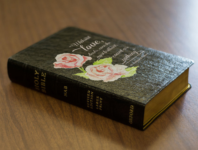 Personalized Catholic Bible with St. Therese Rose Cover - Black Genuine Leather NABRE