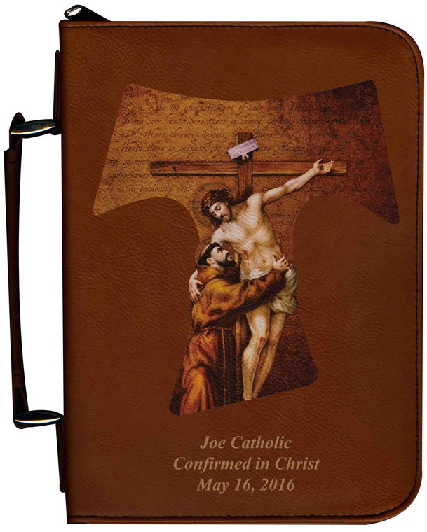 Personalized Bible Cover with St. Francis Tau Cross Graphic - Tawny