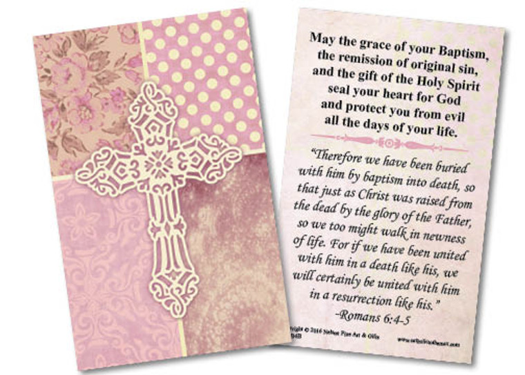 Carved Cross Pink Baptism Holy Card