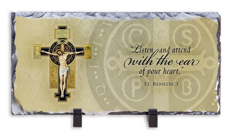 Benedictine Cross with Quote Horizontal Slate Tile