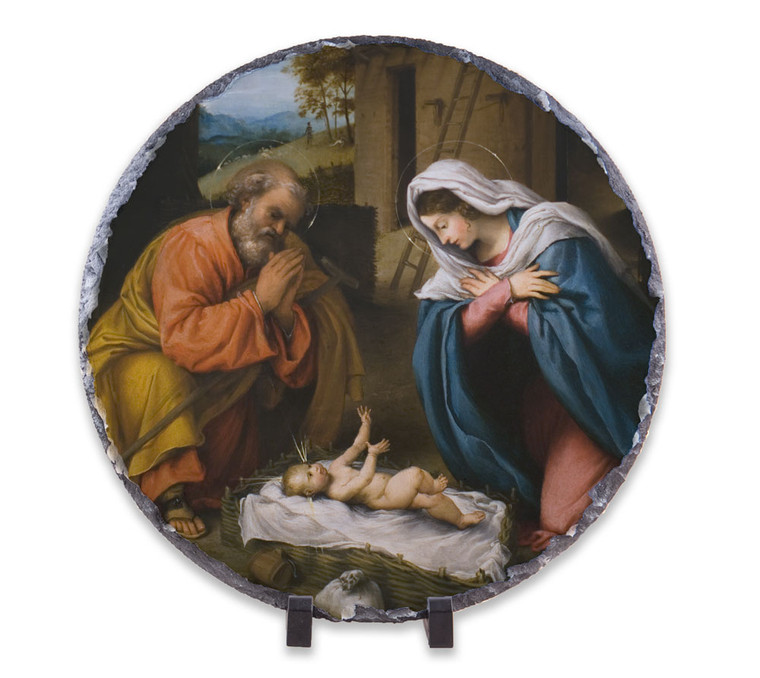 Nativity with Reaching Jesus Round Slate Tile