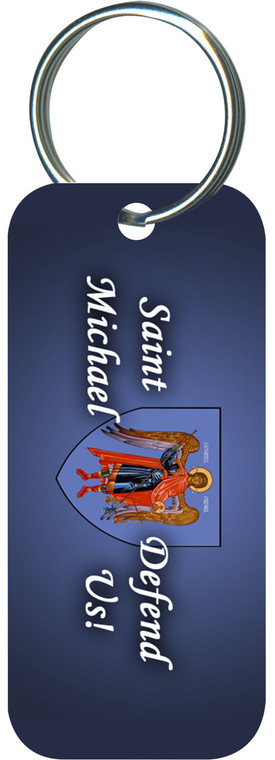 St. Michael Defend Us Blue Rectangle Keychain