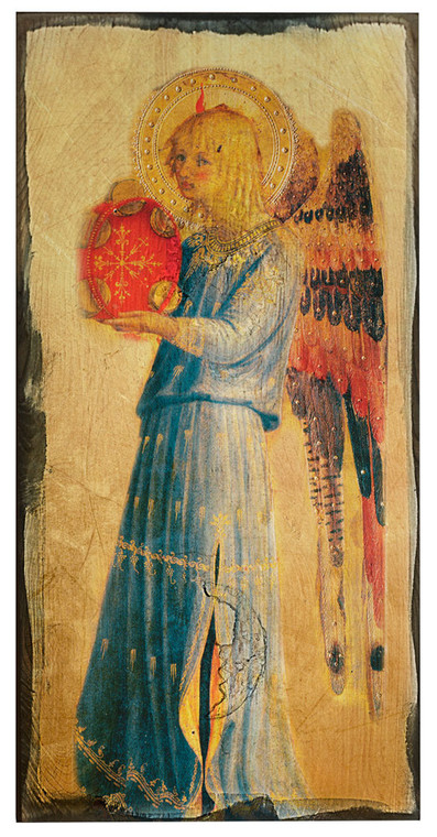 Fra Angelico Angel with Tambourine I Rustic Wood Plaque