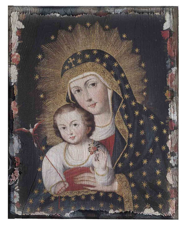 Madonna and Child with Bird Rustic Wood Icon Plaque