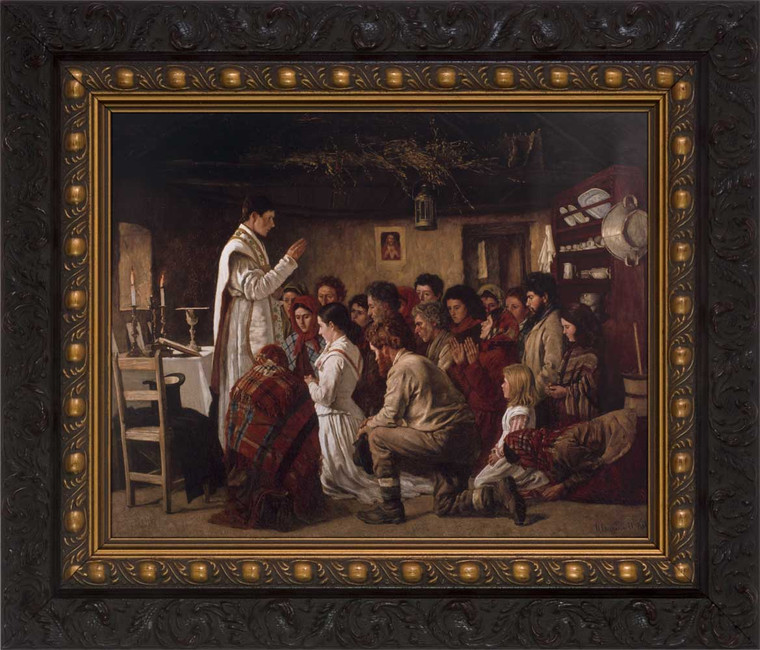 Mass in a Connemara Cabin - Ornate Dark Framed Art