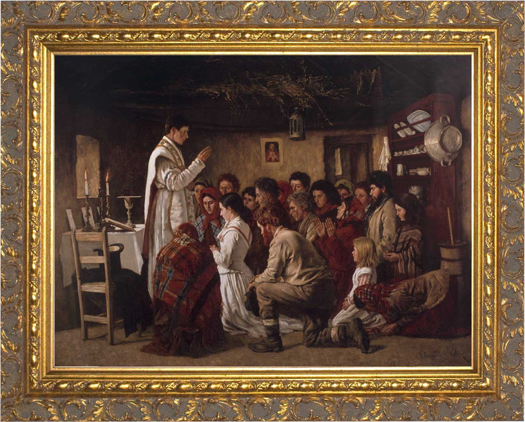 Mass in a Connemara Cabin - Ornate Gold Framed Art